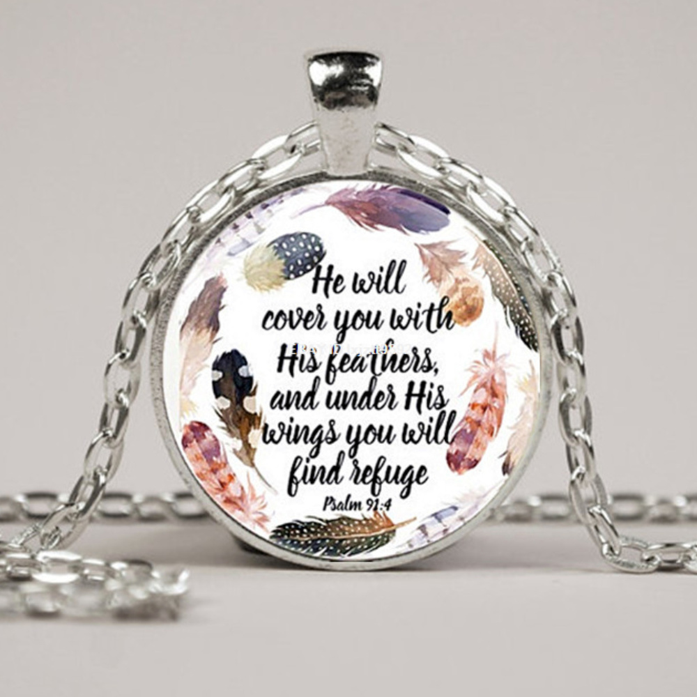 Psalms 91:4 Bible Verse Cabochon Pendant Necklace - Picture 1 of 4